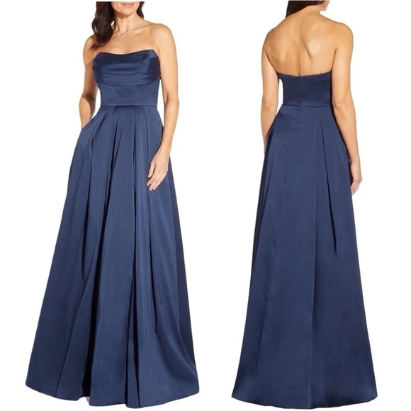 NWT Aidan Mattox Navy Strapless Pleated Ballgown Size 8 - Picture 1 of 6